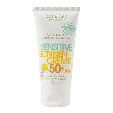 Jean & Len Sensitiv Sonnencreme 50+ LSF wasserfest, Sofortschutz für empfindliche Gesichtshaut, Sonnenschutz ohne Silikone, Nanopartikel, Octocrylen, Mikroplastik, vegan, Reisegröße 50 ml im Sale
